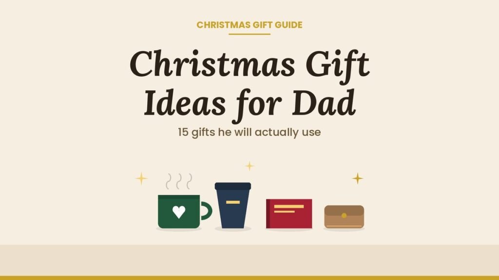 Christmas gift ideas for dad shown with a coffee mug, a tumbler, a book and a leather wallet.
