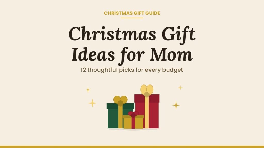 Christmas gift ideas for mom shown as three wrapped gift boxes with gold ribbons