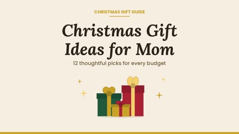 Christmas gift ideas for mom shown as three wrapped gift boxes with gold ribbons