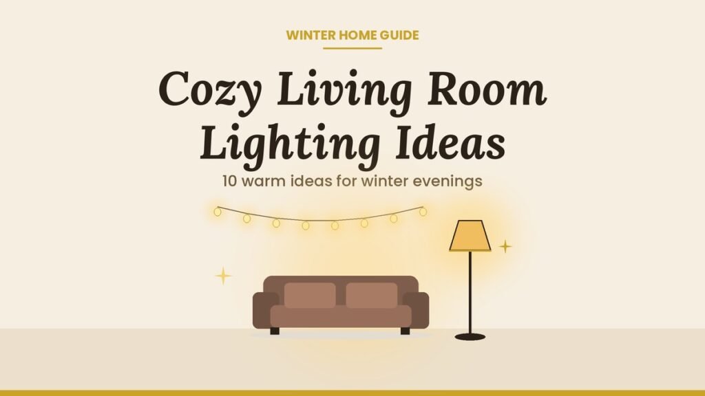 Illustration of a cozy living room with a sofa, a floor lamp and warm string lights
