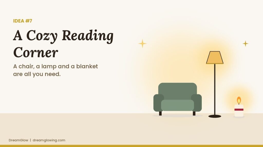 Illustration of a green armchair with a floor lamp and a candle as a cozy reading corner
