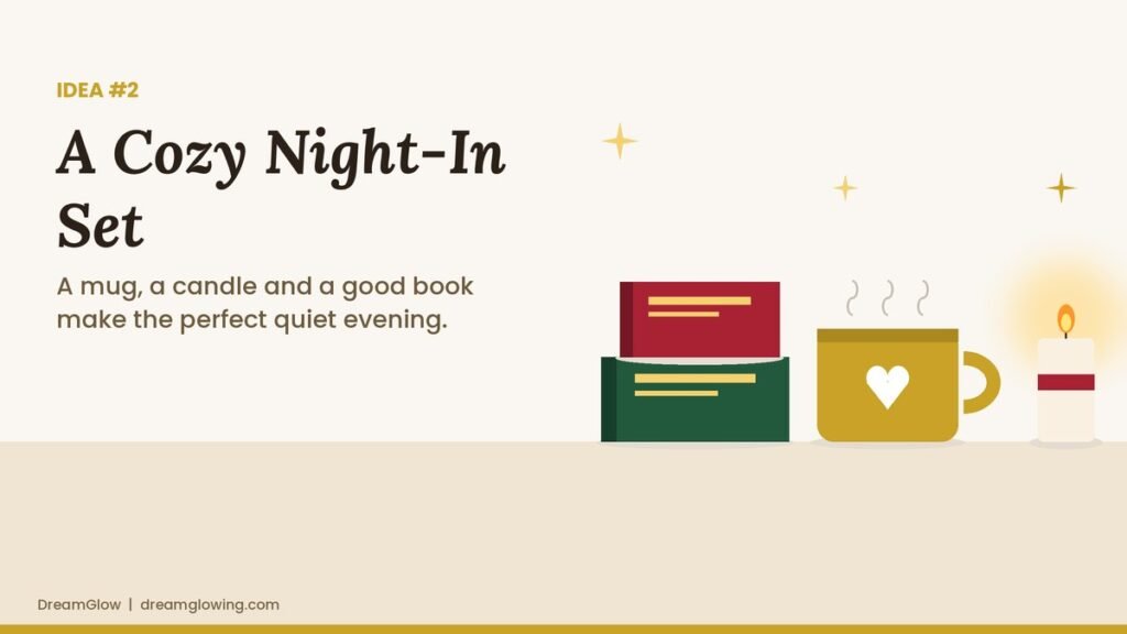 Illustration of a mug, a lit candle and two books as a cozy night-in gift set.