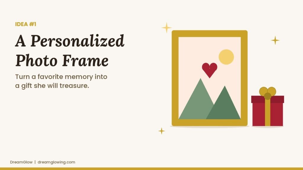Illustration of a gold photo frame with a heart, a personalized Christmas gift idea for mom.