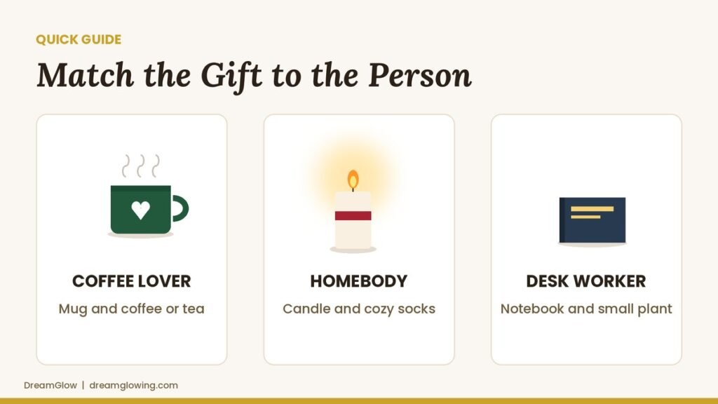 Secret Santa gift ideas under $20 matched to a coffee lover, a homebody and a desk worker