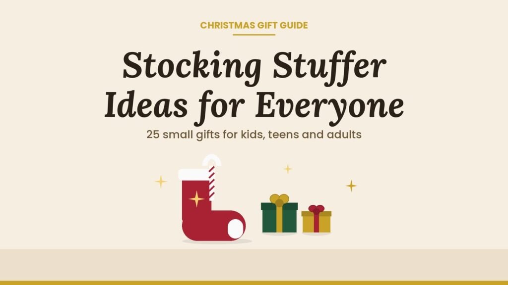 Stocking stuffer ideas for everyone shown with a red stocking, a candy cane and small wrapped gifts